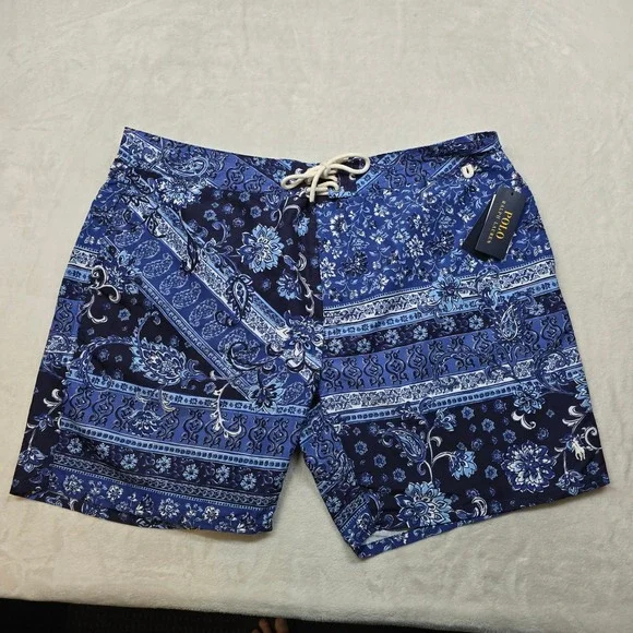 Polo Ralph Lauren Swim‎ Trunks Mens Size 38 Floral Paisley Blue Mesh Lined NEW